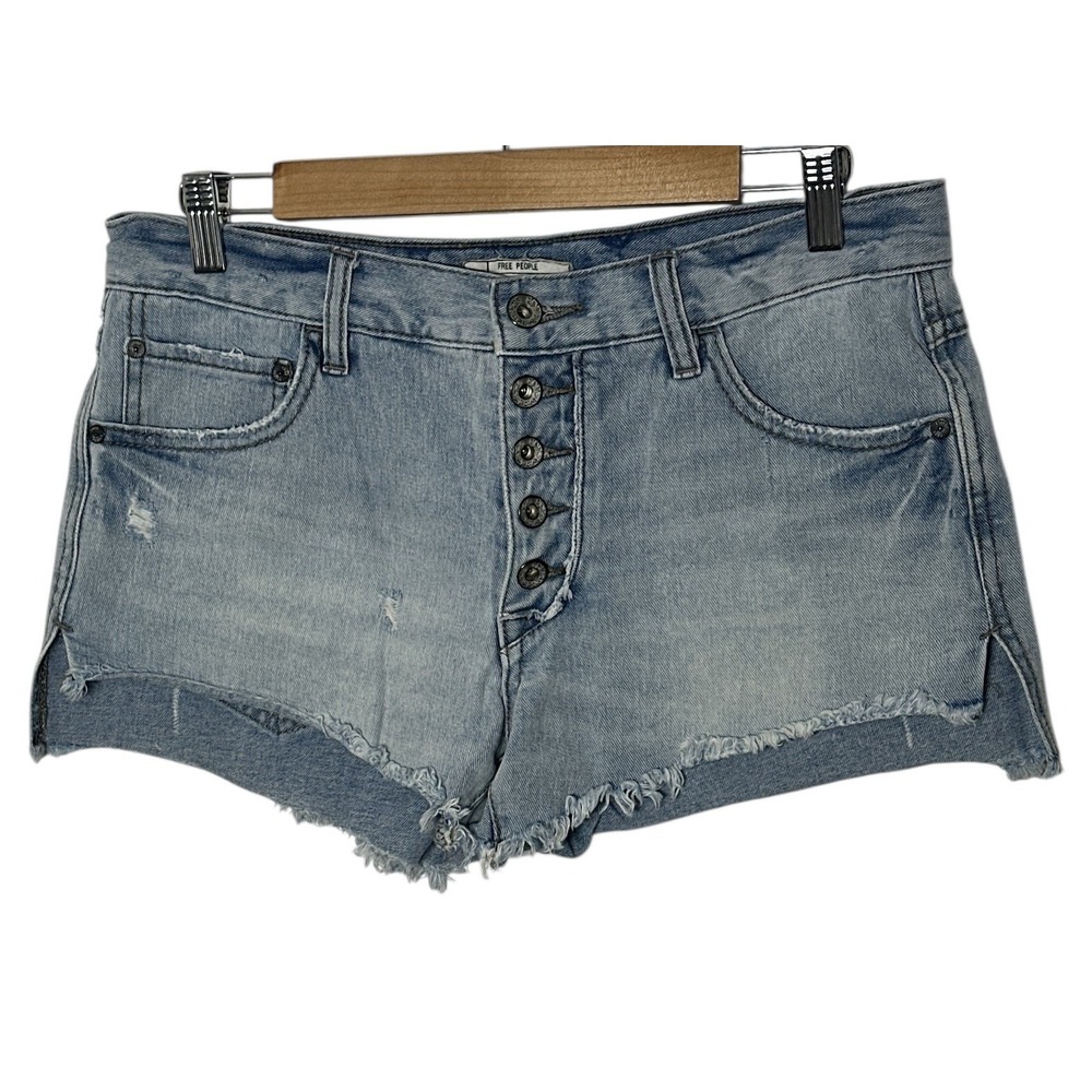 Free People Jean Shorts Women's 27 Cut Off Denim Distressed Blue Button Fly‎